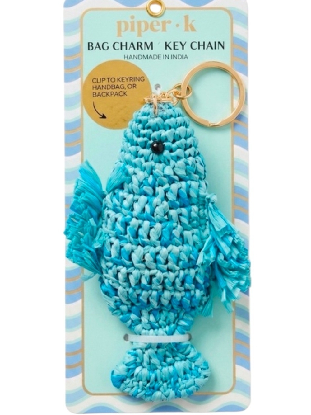 💙▪️Piper·k Turquoise Raffia Crotchet Fish Keychain Bag Charm